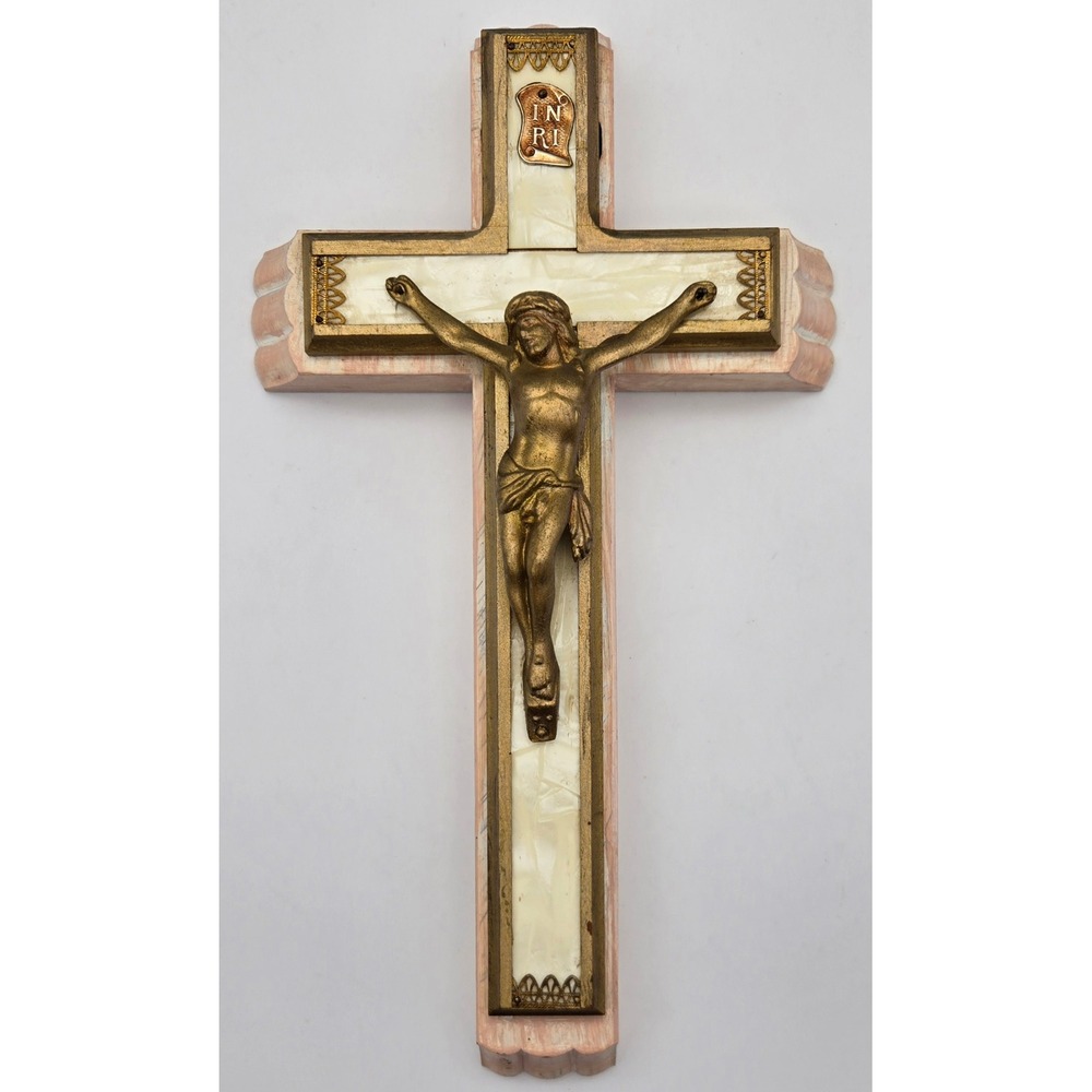 Vintage Religious Wall Crucifix MCM INRI Wood Faux Mother Pearl Catholic Gothic